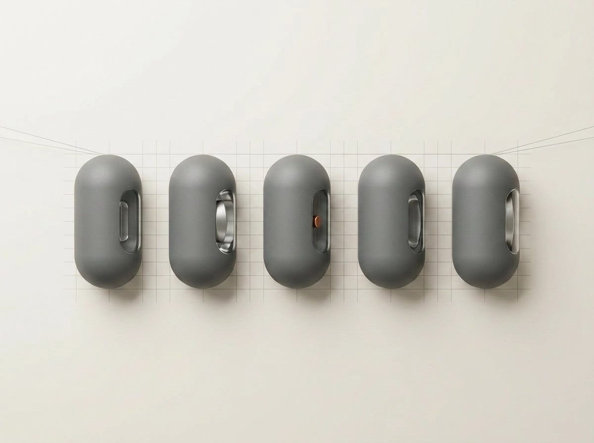 Stacked capsule modules in calm studio light
